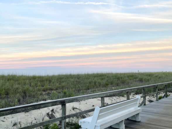 Empty boardwalk bench facing dunes at sunrise.