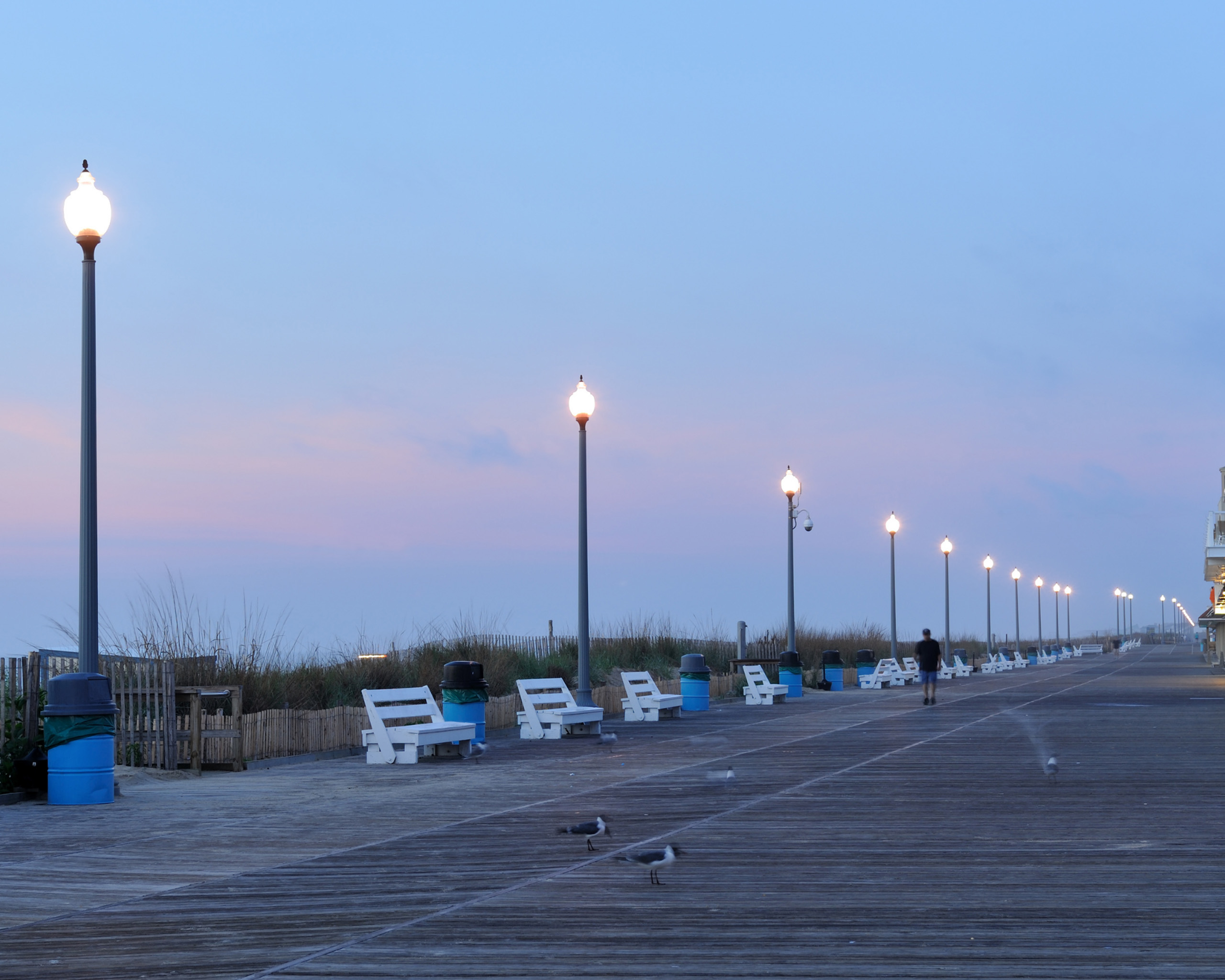 Peaceful boardwalk at dusk with glowing streetlights.