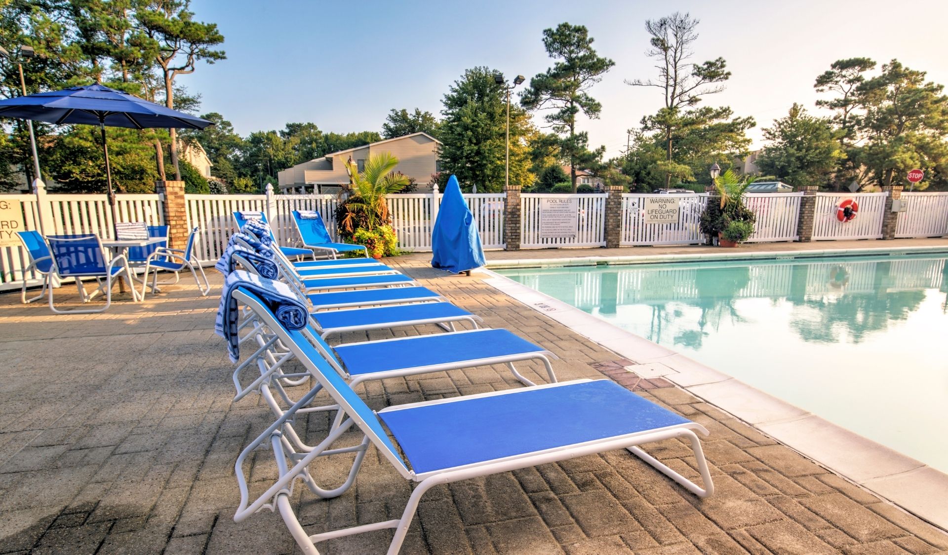 Blue lounge chairs in front of pool with trees in background
