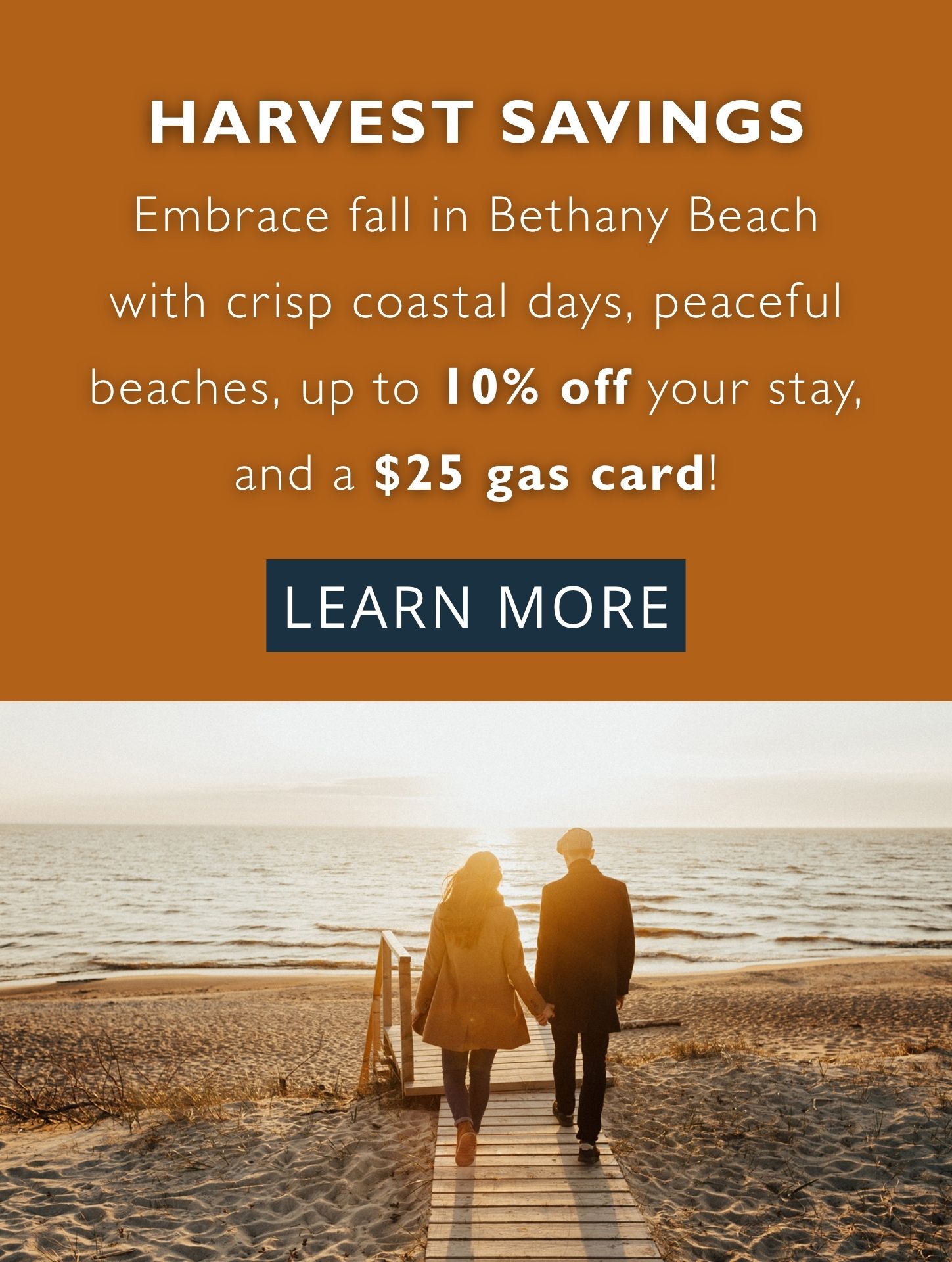 Harvest Savings Offer pop-up with couple walking on beach
